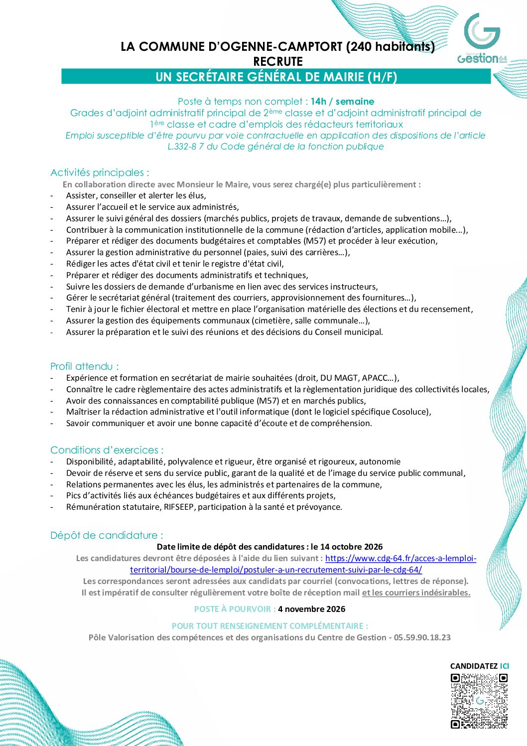 Offre emploi Secrétaire Mairie OGENNE-CAMPTORT - Offre emploi Secrétaire Mairie OGENNE-CAMPTORT